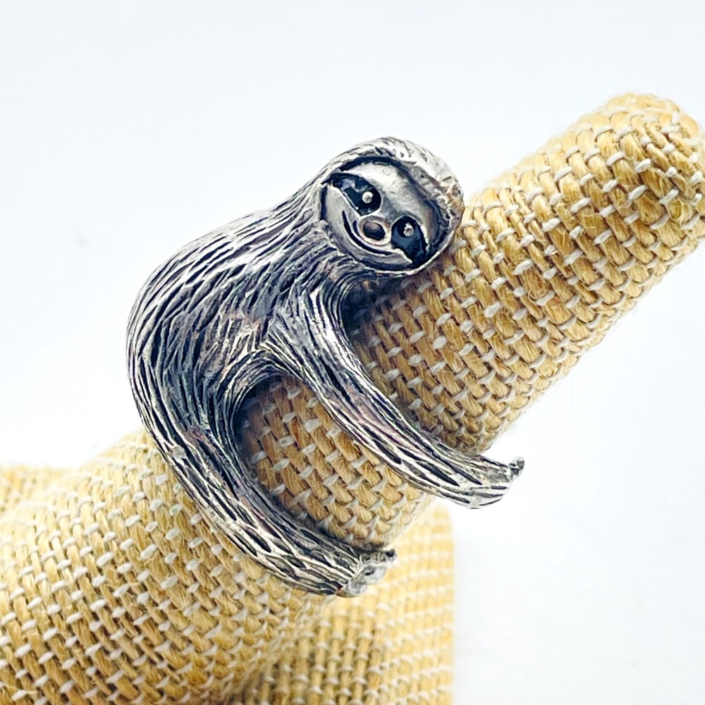 Silver Tone Sloth Ring Adjustable Wrap Animal Wildlife Textured Statement
